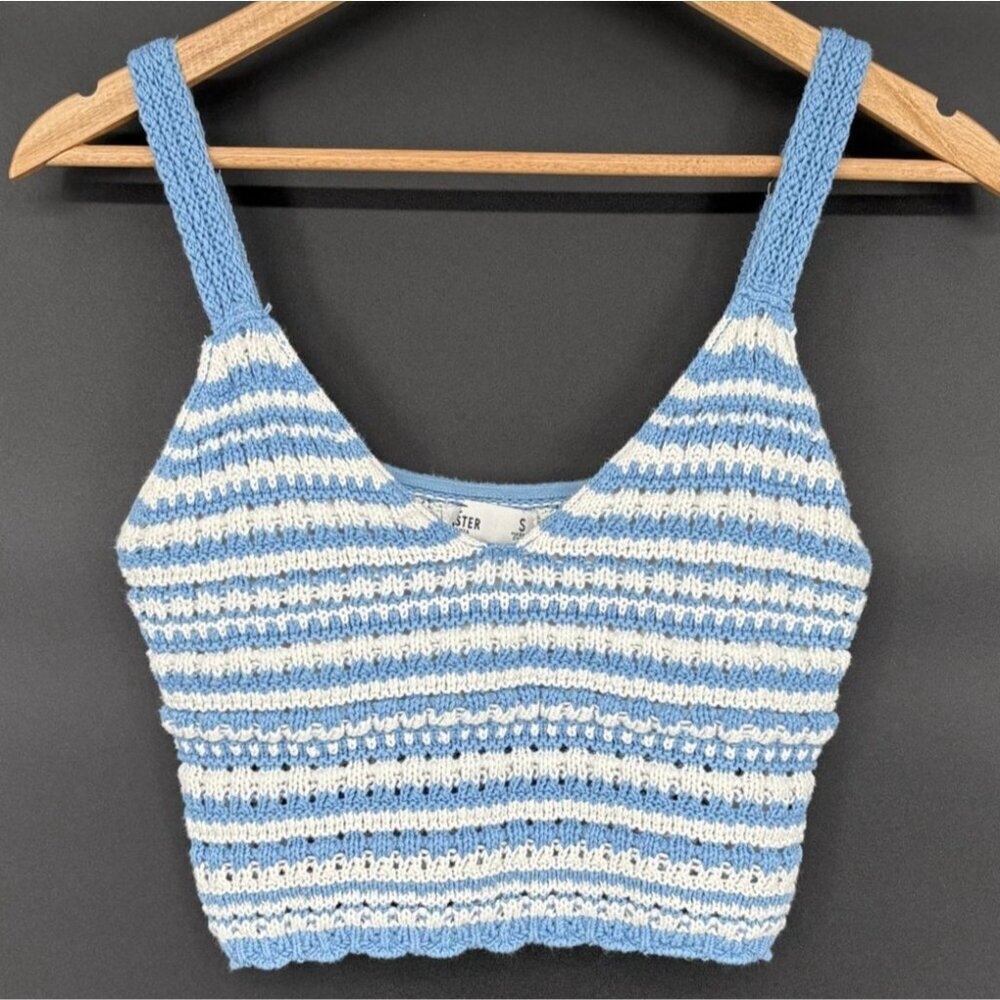 Hollister Women's Striped Crochet Knit Crop Top S Blue White Boho Festival Boho - Picture 2 of 10